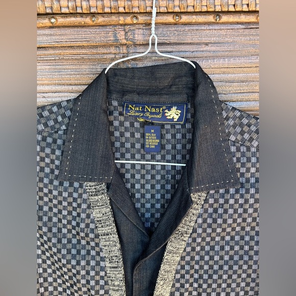 NAT NAST Charcoal SHIRT JAC +Checkerboard Vest w/Pockets 100% Silk M - Picture 2 of 7